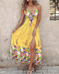 Women's V Neck Spaghetti Strap Feather Print Maxi Dress with Front Tie and High Side Slit for Summer Evening Party Wear