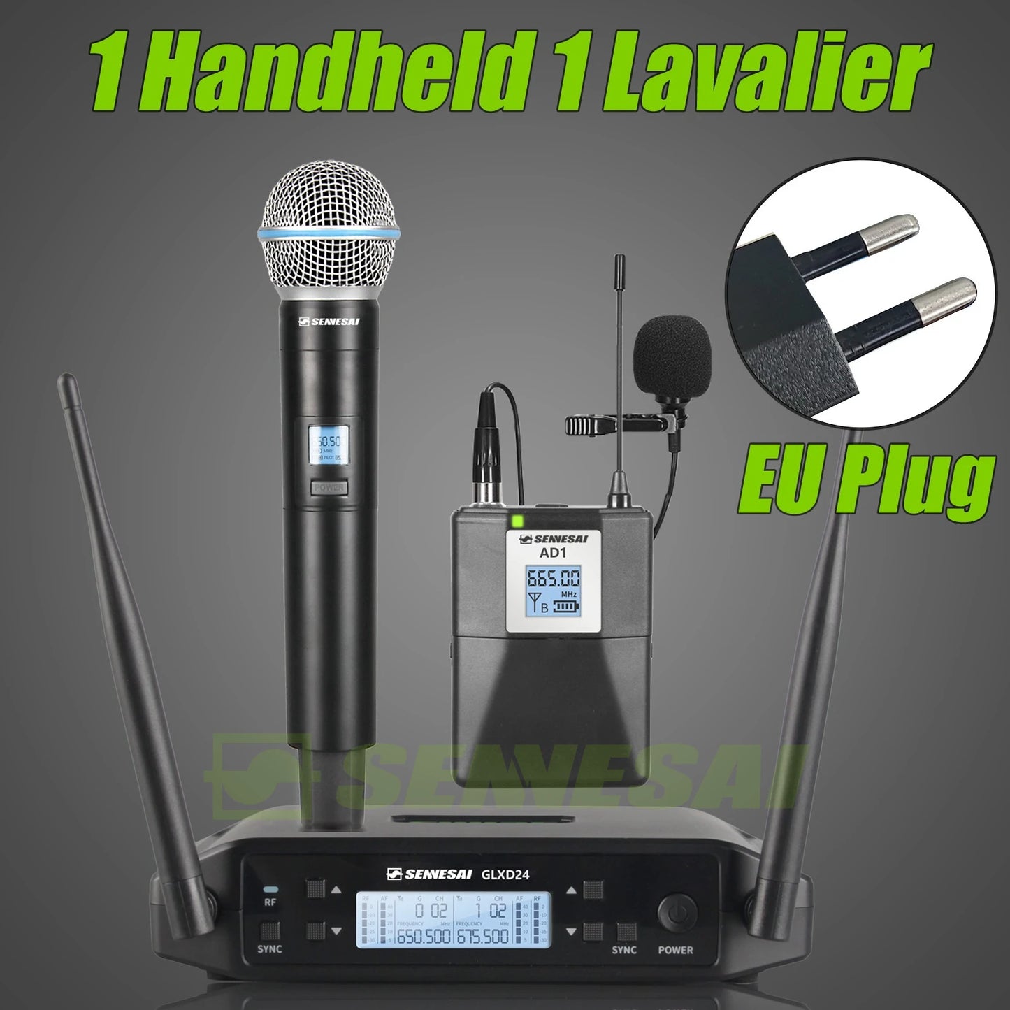 SENNESAI GLXD24 B58 Professional Dual Wireless Microphone 600-699MHz System Stage Performances UHF Dynamic 2 Channel Handheld