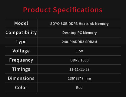 SOYO 8GB DDR3 1600MHZ memoria ram 240-Pin 1.5V for Desktop PC Memory RAM no ECC black white red intel AMD 64BIT
