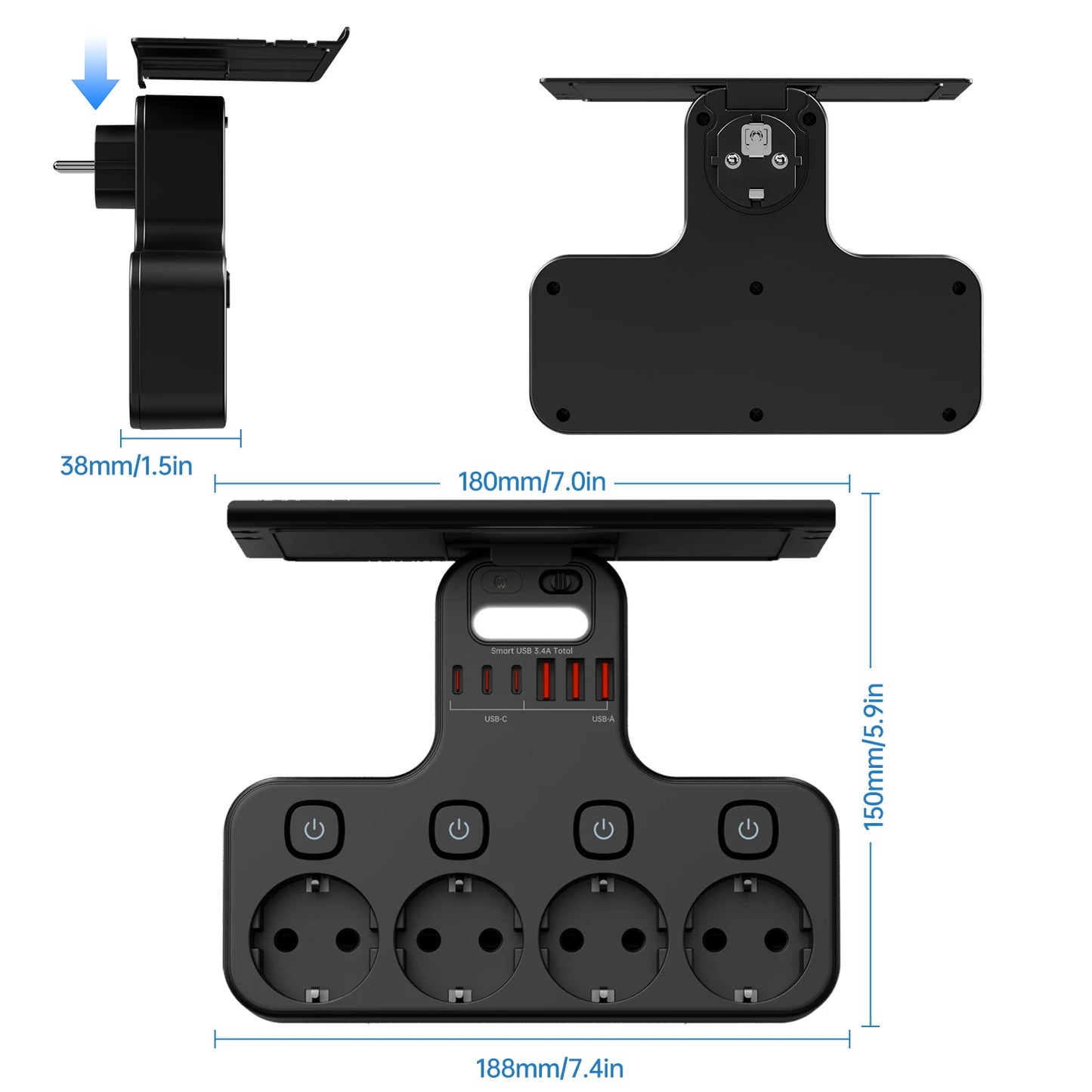 4000W Eu Plug Power Strip Multifunction Socket Smart Night Light Independent Switch European Standard Outlet with USB C Ports