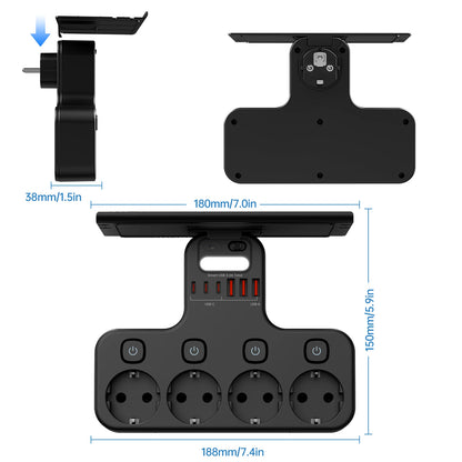 4000W Eu Plug Power Strip Multifunction Socket Smart Night Light Independent Switch European Standard Outlet with USB C Ports