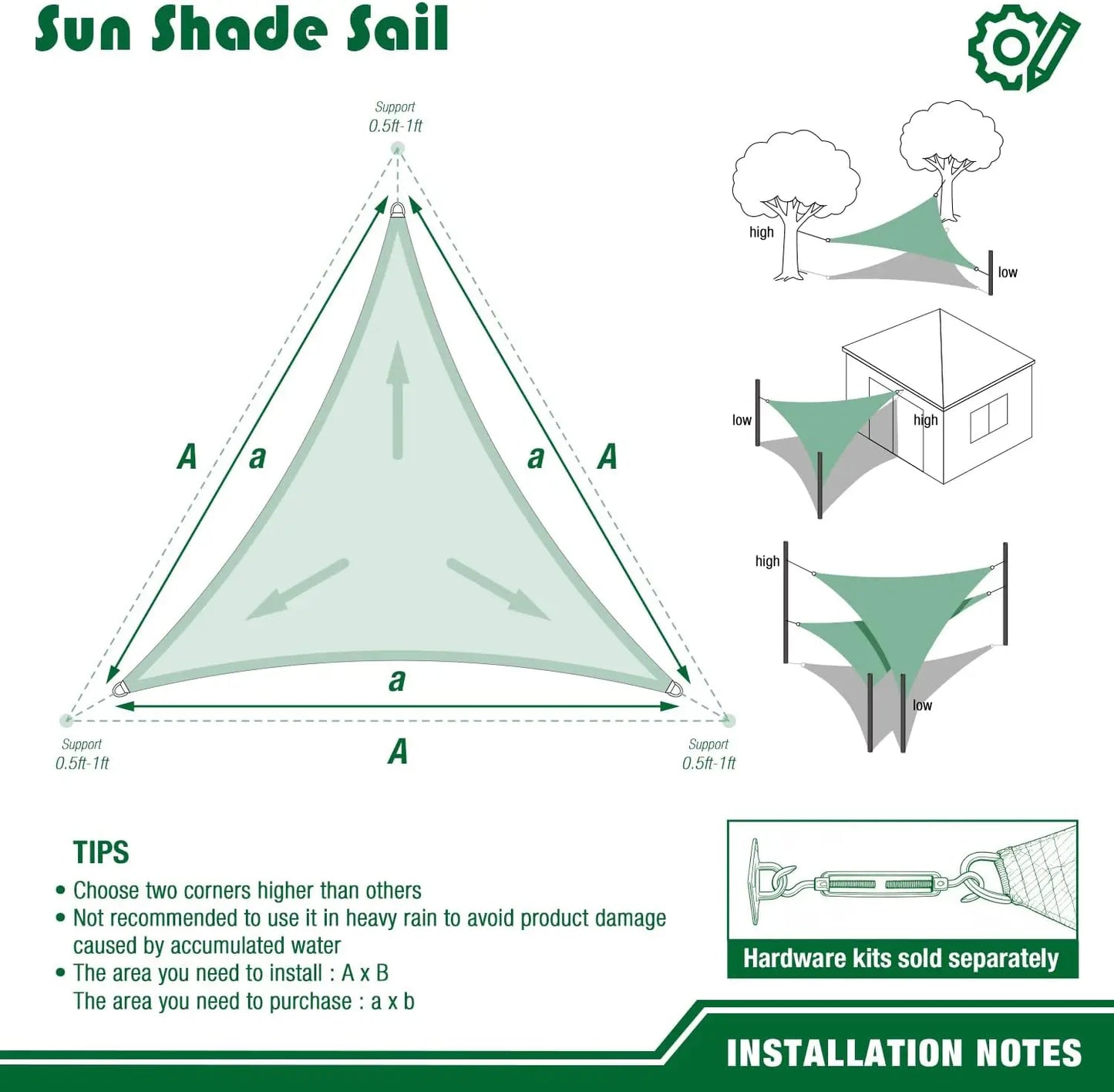 Triangle Sun Shade Sail Canopy UV Block Sun Shelter with Fixing Kits for Outdoor Patio Pool Beach Backyard Garden Sunscreen Tent
