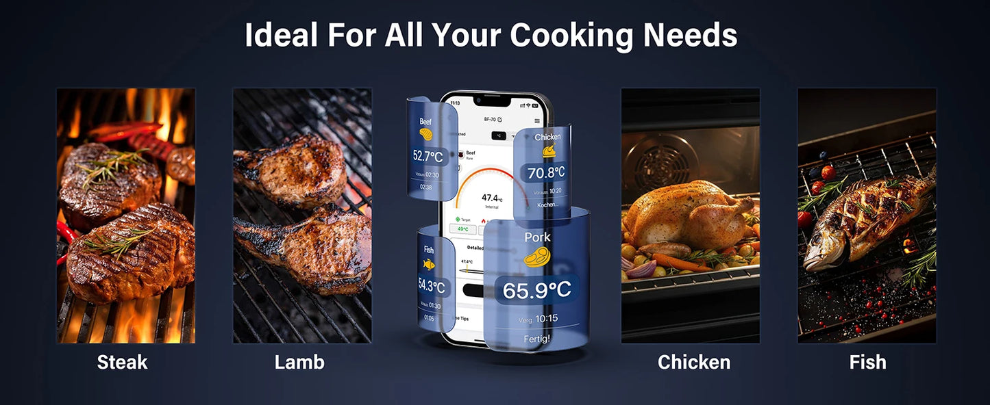 Wireless Meat Thermometer Digital with WiFi Unlimited Range & Bluetooth Support APP Alarm Reminder for BBQ, Oven, Air Fryer