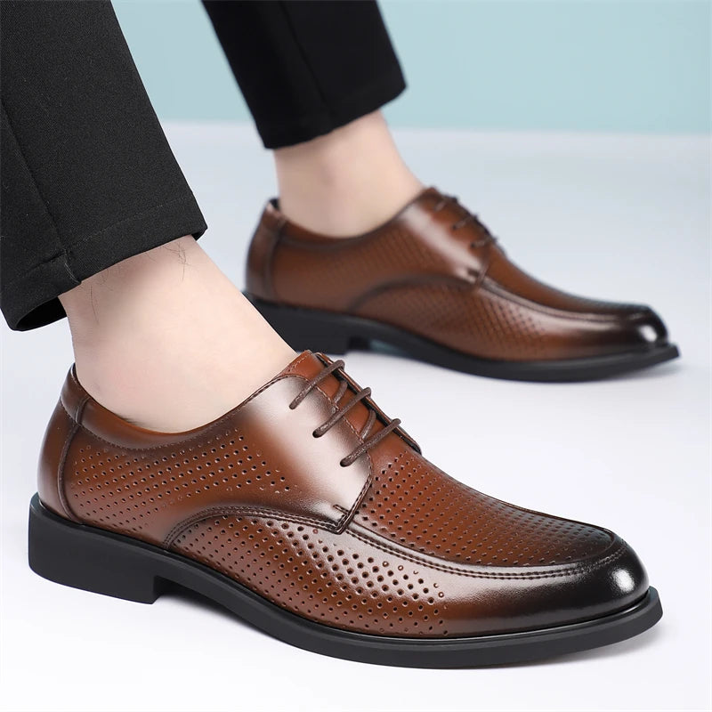 Men's Summer Breathable Leather Shoes Hollow out Comfortable Soft Bottom Business Derby Shoes British Style-SJ5333-1