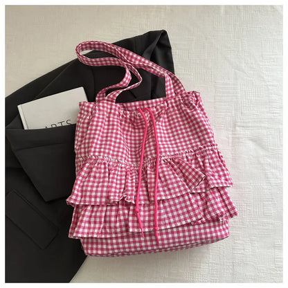 Cute Plaid Cotton Tote Bag Large Capaci Lace Trim Women's Summer 2026 Simple Lady Handbag Soft Shoulder Bags Bolsa Feminina