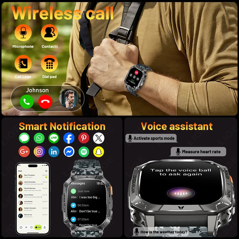 LIGE Military 1400mAh Smart Watch For Men 2.01" HD Screen Waterproof 100+Sports Mode LED Flashlight Smartwatch For Android iOS