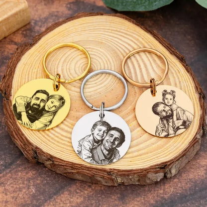 Custom Photo Engraved Keychain Personalized Family Portrait Round Stainless Steel Key Ring Custom Picture Key Gift For Dad