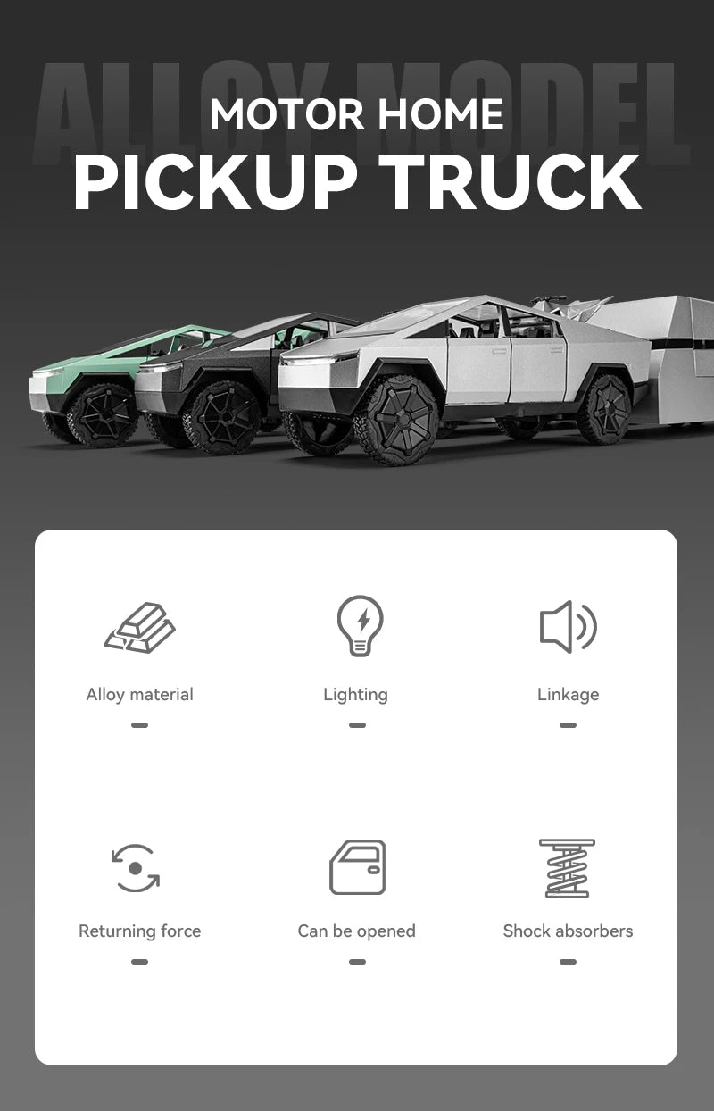 Cyber Truck Pickup Trailer RV Metal Alloy Toy Car Model Die-Casting Off-Road Vehicle Men's Gift Collection Truck Ornaments