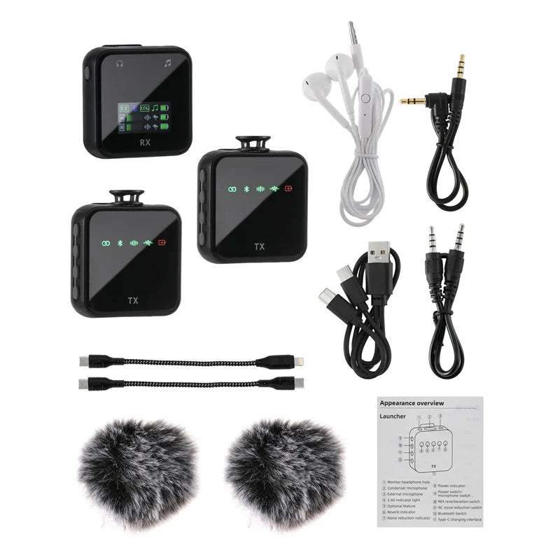 Wireless Lavalier Microphone System Bluetooth Audio Video Voice Recording Mic for iPhone Android Mobile Phone Interview Camera