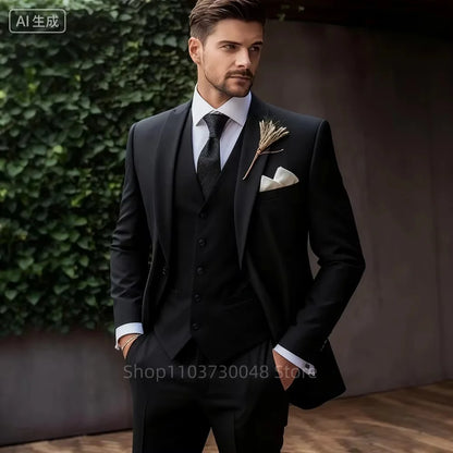 Luxury Solid 3-Piece Men's Tuxedo Suits Slim Fit Peak Lapel Blazer Vest And Pants Set for Prom Wedding Business Men Clothes