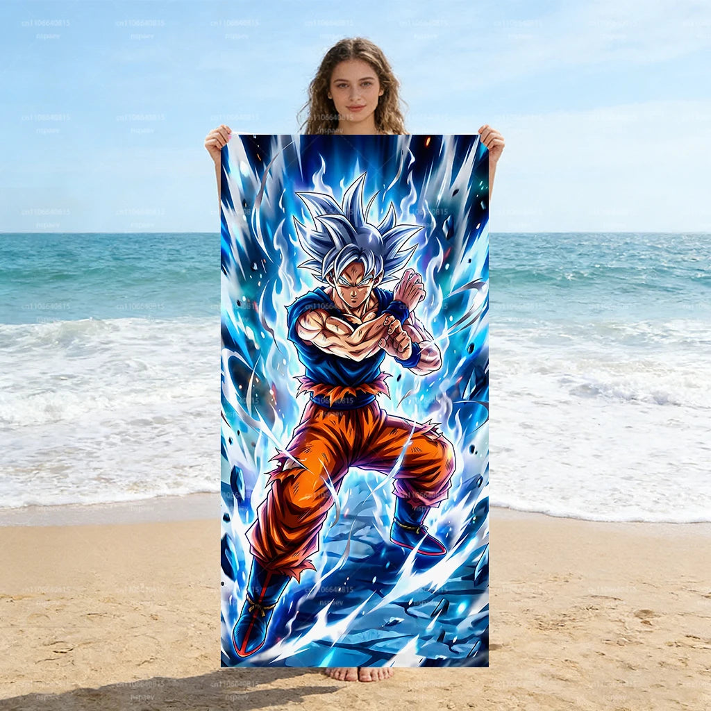 Dragon Ball Ultra Instinct Goku Beach Towel, Blue Ice Flame Anime Microfiber Quick Dry Absorbent Swim Towel for Fans