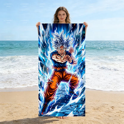 Dragon Ball Ultra Instinct Goku Beach Towel, Blue Ice Flame Anime Microfiber Quick Dry Absorbent Swim Towel for Fans