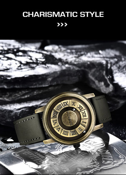 FOXBOX Fashion Leather Watch Men Creative Rolling Pointer Design Watch Men Casual Business Military Men's Quartz WristWatches