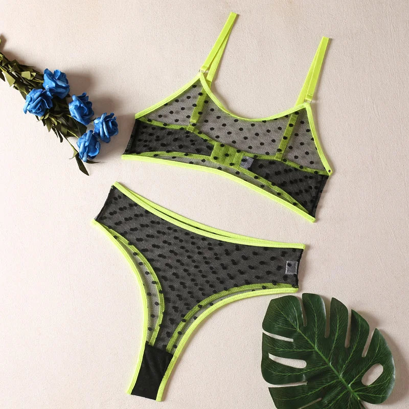 2026 Lingerie Set Polka Dot Sexy Women Underwear See Through Bra and Panty Set Intimate fluorescent Green 2 Piece Sexy Outfits