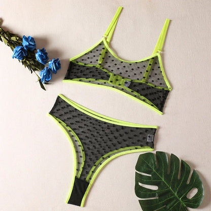 2026 Lingerie Set Polka Dot Sexy Women Underwear See Through Bra and Panty Set Intimate fluorescent Green 2 Piece Sexy Outfits