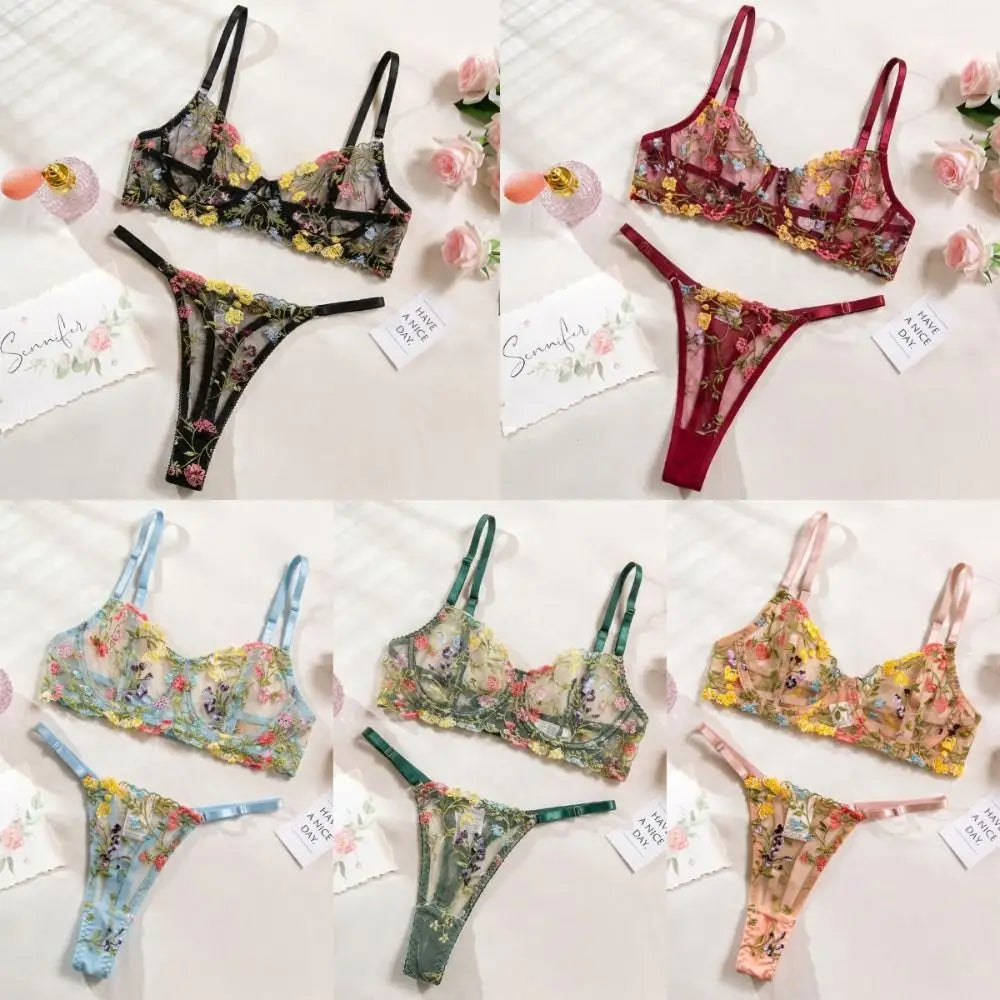 2-Piece Floral Lingerie Set Sheer Embroidery Underwear Intimates Underwire Push-up Versatile Bra Panty Set For Lady Girl