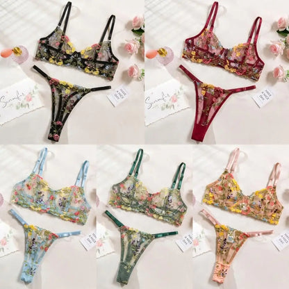 2-Piece Floral Lingerie Set Sheer Embroidery Underwear Intimates Underwire Push-up Versatile Bra Panty Set For Lady Girl