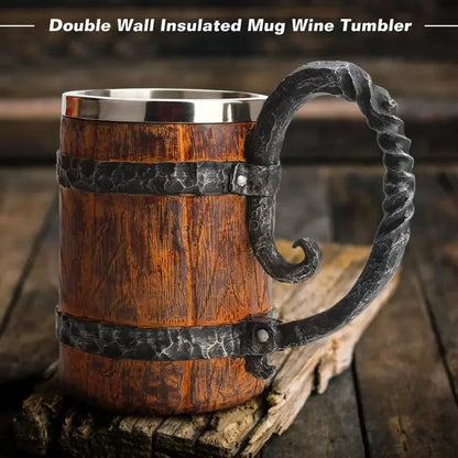 Viking Wood Style Beer Mug, Simulated Wooden Barrel Double Wall Metal Insulated Cup, 1Pc Bar Drinking Mug