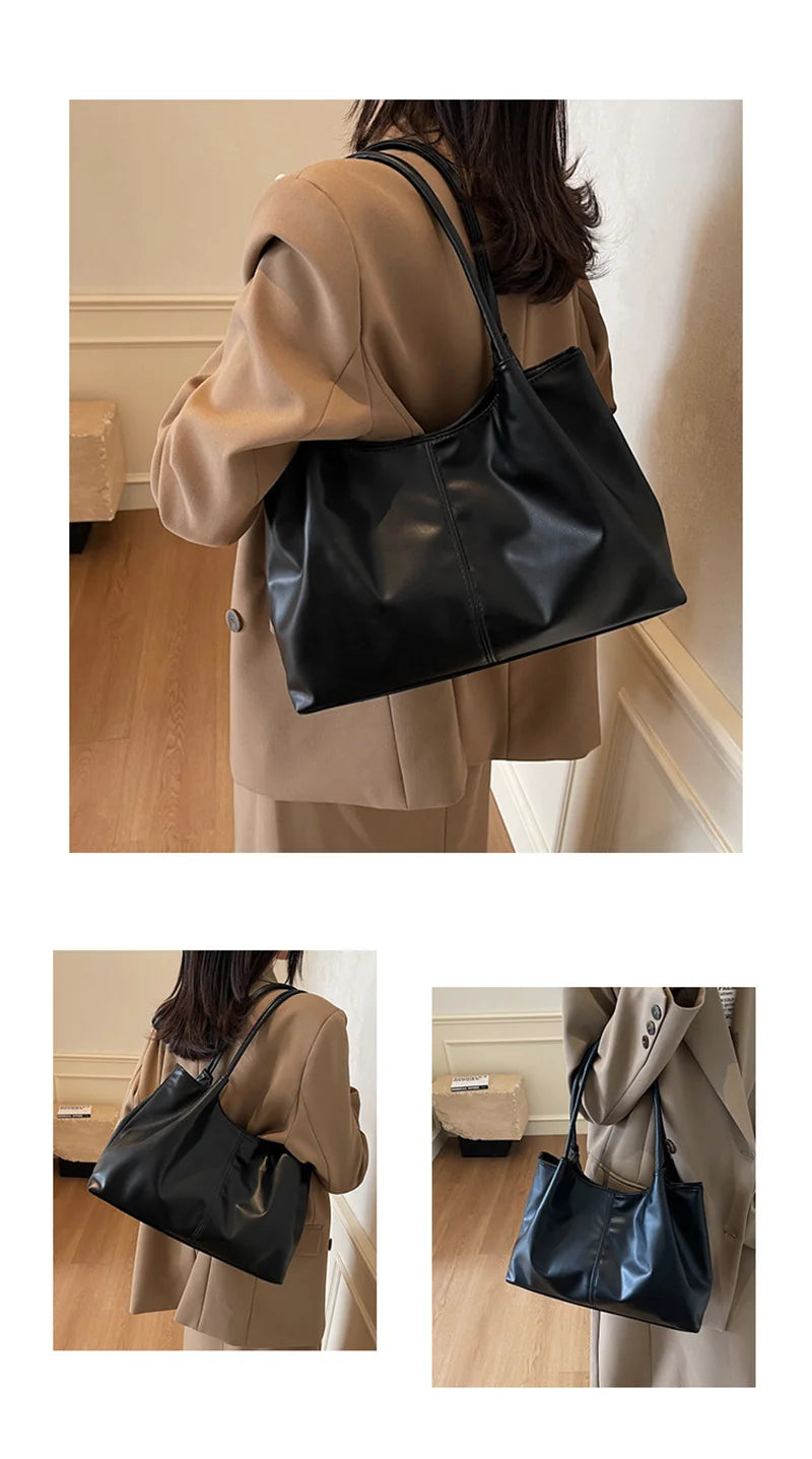 Fashion Women's Bag Large Capacity Tote Daily Commute Women's Shoulder Bag Black Soft PU Leather Handbag Shopping