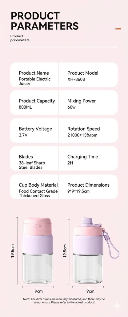 Portable Blender 38 Blades Electric Juicer Cup Rechargeable Smoothie Maker Wireless Automatic Fruit Mixer for Gym Travel Camping