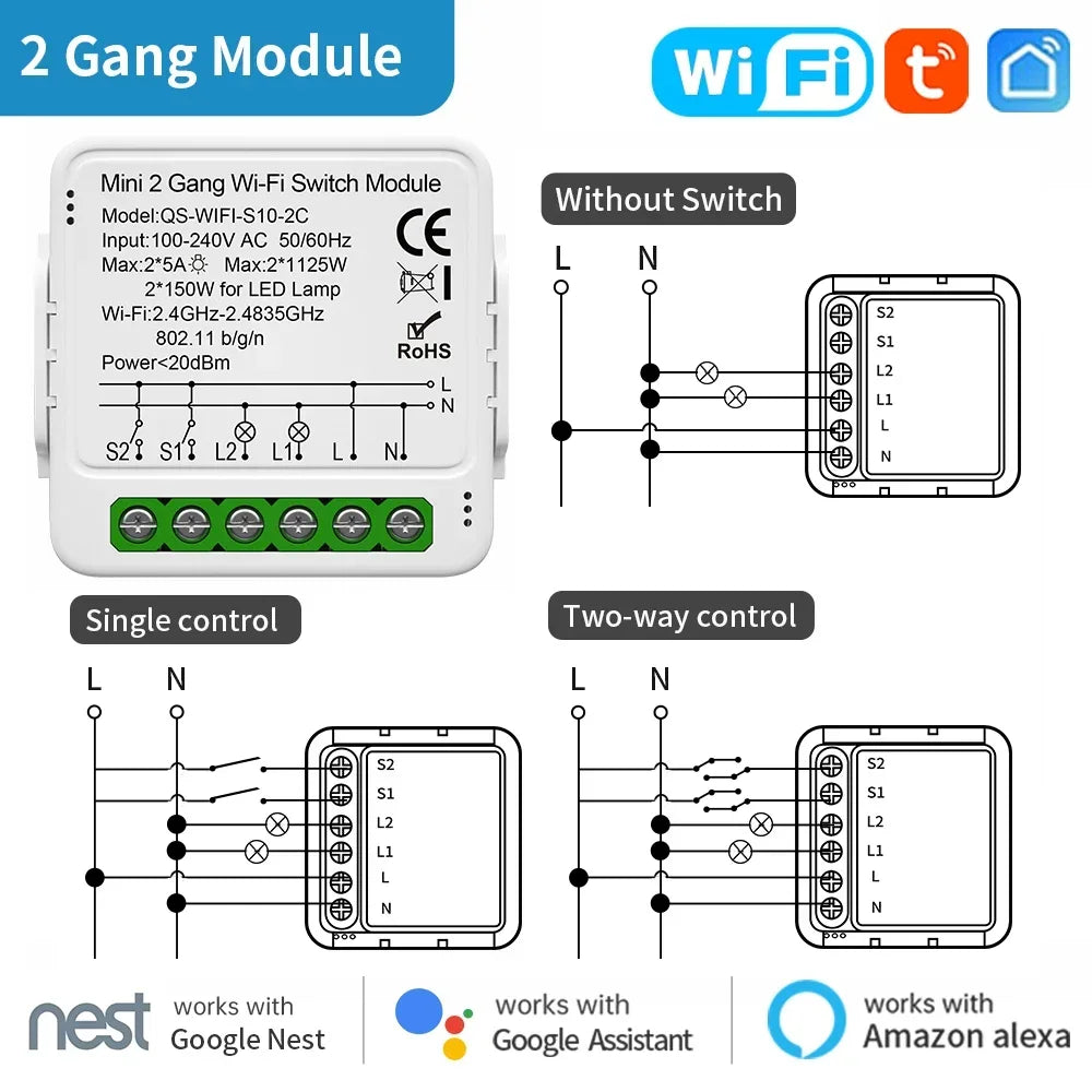 TNCE TUYA WIFI/Zigbee Switch Light Curtain Dimmer Smart DIY MINI Module, 2-way Control Breaker, Voice with Alexa Google Home