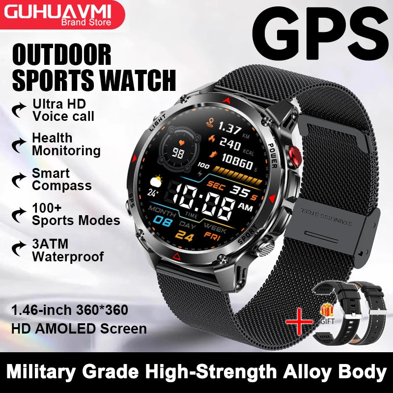 2025 New GPS Map Navigation Smart Watch Men Women Amoled Screen 3ATM Waterproof Sport SmartWatch Compass NFC BT Call Watches Men