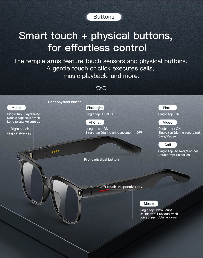 2026New 4K HD Photochromism AI Smart Glasses 800W Pixel Camera 1080P Video AI Chat Music Player Call AI Sports Smart Glasses Man