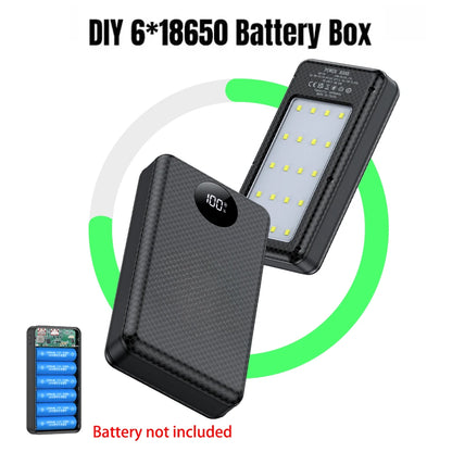 6*18650 Power Bank Battery Box Holder Dual USB Type C Charge Shell With camping lights for iPhone Huawei 18650 Battery Cases