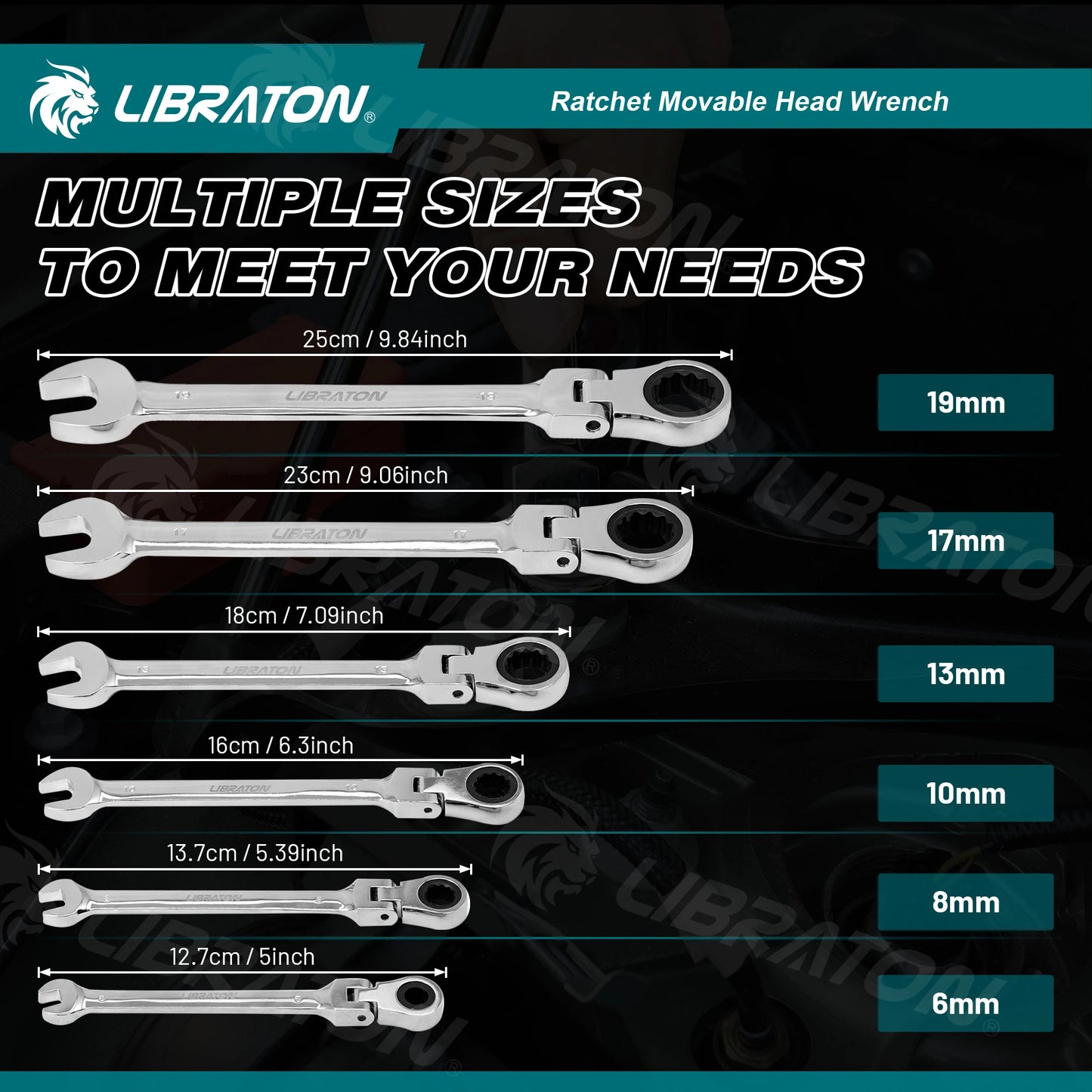 LIBRATON1pc Ratchet Wrench 6mm-19mm, Ratcheting Flexible Head Wrench Set, Reversible Spanner Hand Tool, 72-Tooth Allen Wrench