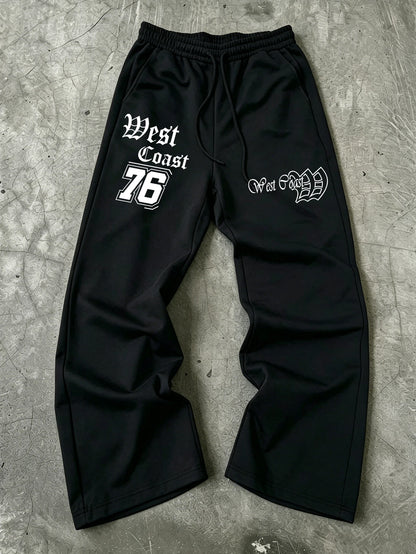 Men Wide Leg West Coast 76 Double Side Print Sweatpants 100% Polyester Gothic Baggy Y2K Drawstring Casual Jogger Pants