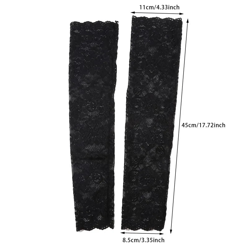 Women Summer Ice Silk Lace Arm Sleeve Elastic Sleeve Driving Gloves Black White Long Fingerless Mittens Sunscreen Gloves