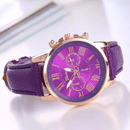 9-piece fashionable watch set, unisex quartz movement, round zinc alloy case, faux leather strap, none, mixed colors,