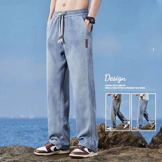 Men Summer Fashion High Quality Lyocell Fabric Jeans Men Elastic Waist Casual Denim Pants Baggy Trousers Male Oversized M-4XL