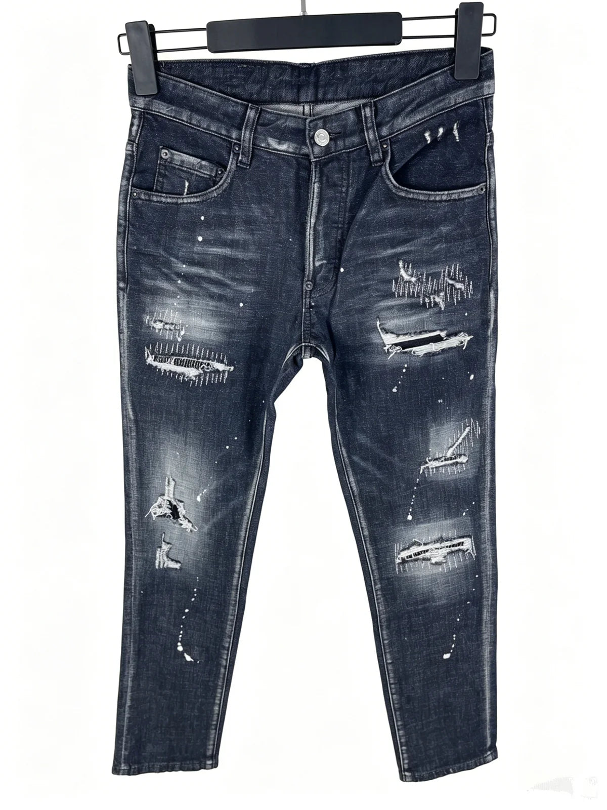 6057 Four Seasons New Men's Wear Washed Ripped Patch Paint Slim-fit Feet Blue Jeans for Men