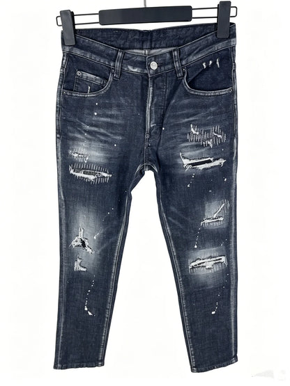6057 Four Seasons New Men's Wear Washed Ripped Patch Paint Slim-fit Feet Blue Jeans for Men