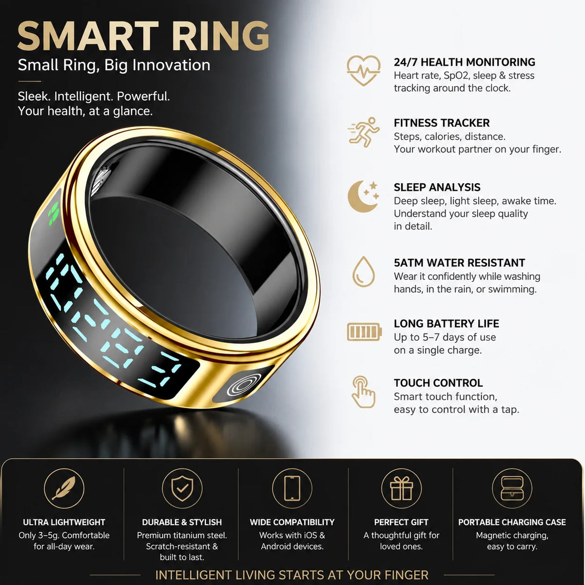 2026 new smart ring with charging compartment HD screen sports mode photo control，5ATM waterproof smartring ,for ios andriod