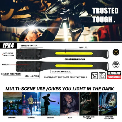 Indukcyjna latarka czołowa COB LED, ładowana przez USB, z wbudowanym akumulatorem, 5 trybów świecenia, lampka do użytku zewnętrznego, awaryjnego, wędkowania