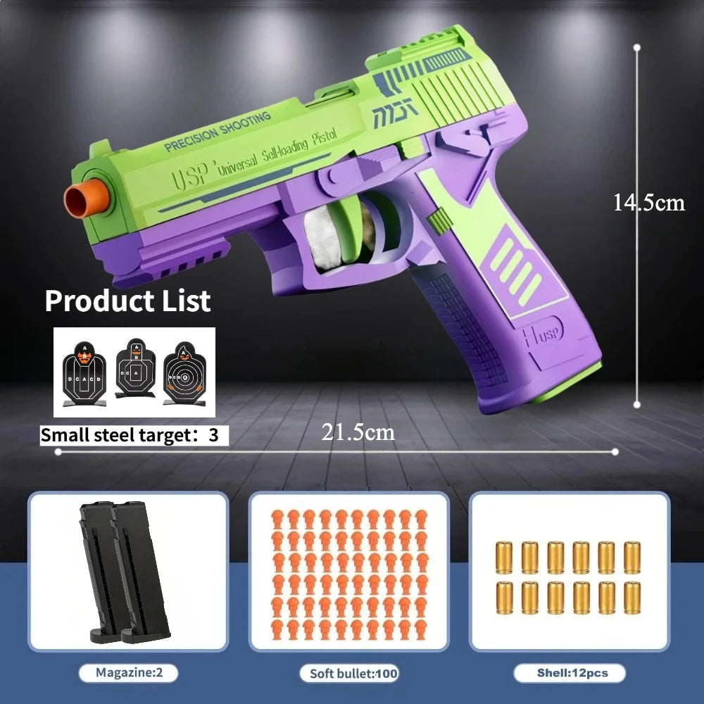 USP Soft Bullet Toy Pistol Shell Ejecting Continuous Firing Empty Hanging Design Outdoor Interactive Game Toy for Kids Gift