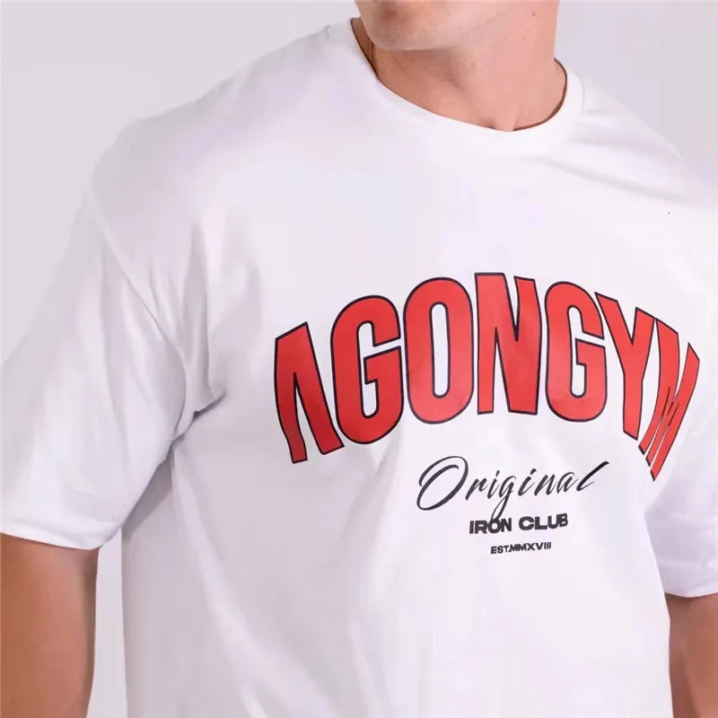 Men's White Oversized Gym T-Shirt, Agongym Bold Letter Graphic Print, Casual Workout Streetwear Tee for Lifting