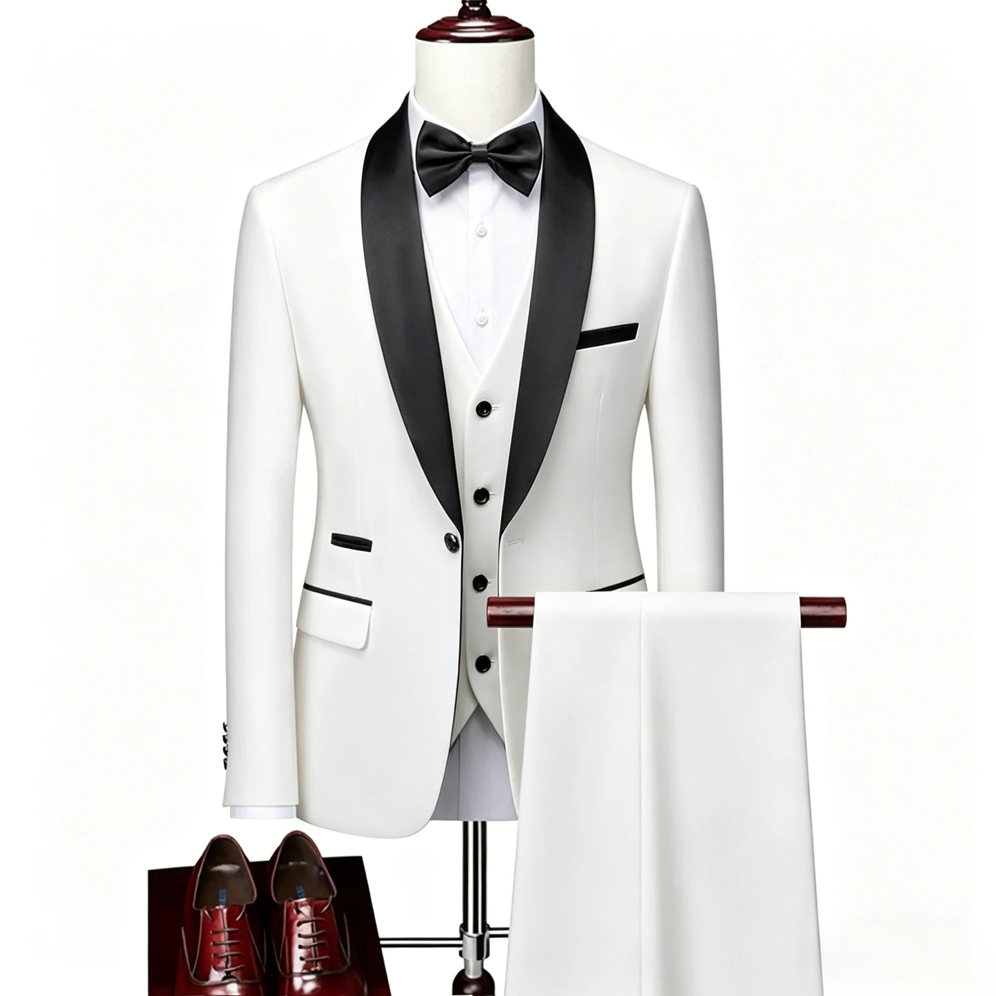 ( Jacket + Vest + Pants ) Men's 3 Piece Tuxedo Suit Set, Beige Blazer with Black Shawl Lapel for Wedding, Groom, Formal Party