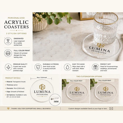 Custom Logo Clear Acrylic Round Coaster, Full Color Printed Business Drink Coaster