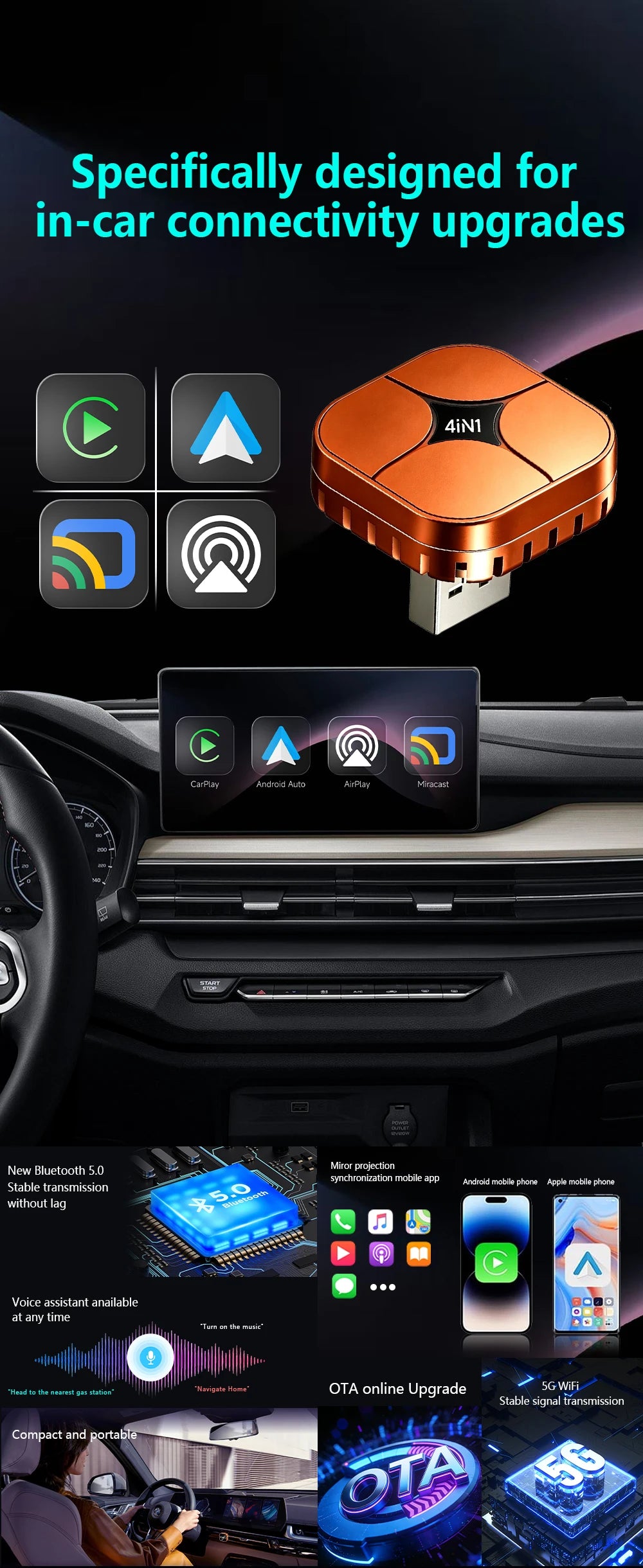 2026 4in1 New Upgrade Carplay Adapter Wireless Android Auto Mirror Link Smart MiNi AI Box USB Plug and Play Auto Connect WiFi
