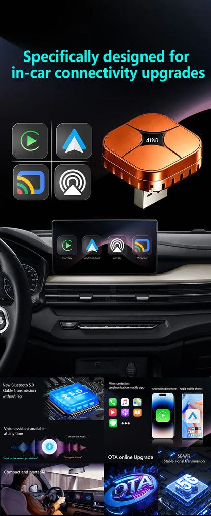2026 4in1 New Upgrade Carplay Adapter Wireless Android Auto Mirror Link Smart MiNi AI Box USB Plug and Play Auto Connect WiFi