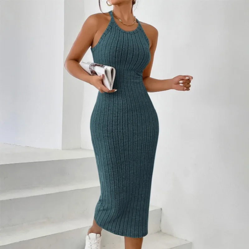 2026 Women's Crew Neck Solid Sleeveless Spaghetti Strap Dress Knit Ribbed Longline Slim-Fit Casual Sports Tank Dress Y2k Clothes