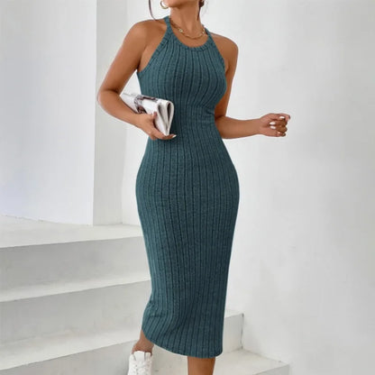 2026 Women's Crew Neck Solid Sleeveless Spaghetti Strap Dress Knit Ribbed Longline Slim-Fit Casual Sports Tank Dress Y2k Clothes