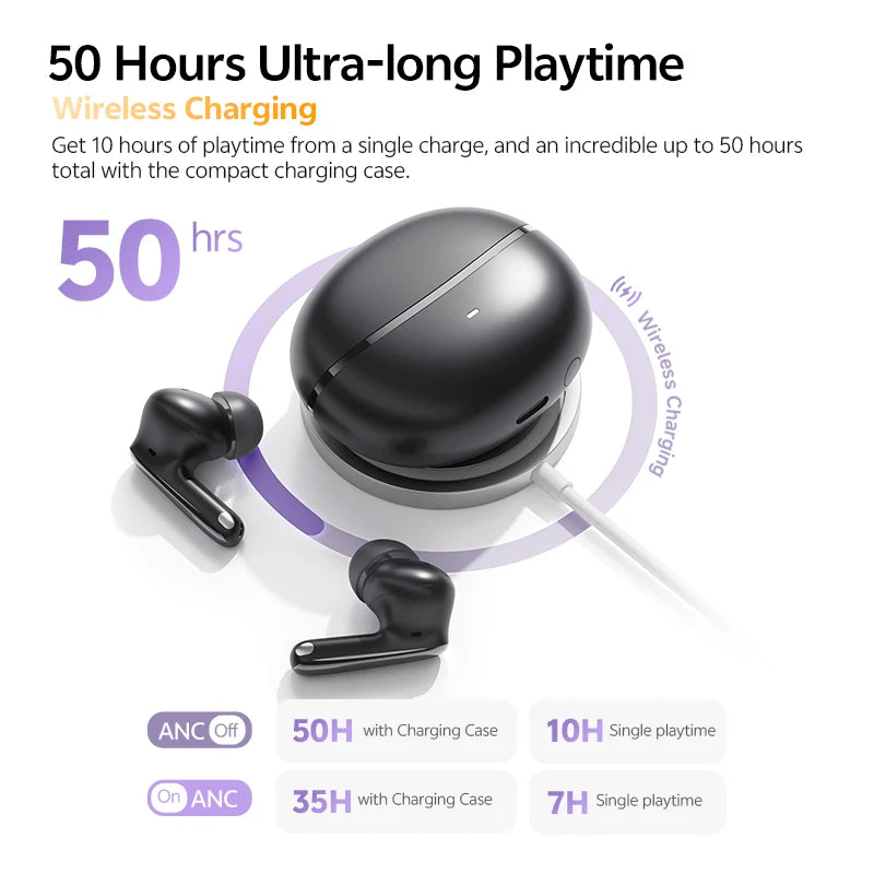 QCY MeloBuds N70 Adaptacyjne ANC Bezprzewodowe słuchawki douszne Bluetooth 6.0 LDAC Hi-Res Audio 6 mikrofonów Ładowanie bezprzewodowe Słuchawki 50 godzin IPX5