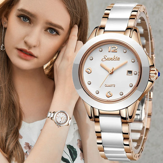LIGE Brand SUNKTA Fashion Casual Woman Watch Ceramic Simple Bracelet Quartz Ladies Watches Date Waterproof Women's Wristwatches