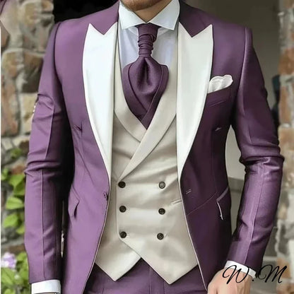 Men's 3-Piece Slim Fit Suit Set Tuxedo One-Button Blazer Vest Elastic Waist Pants Party Outfit Wedding Dress Men Prom Suit