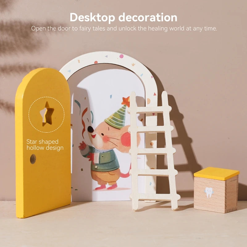 Wooden Elf Door Set Cartoon Room Decor Dollhouse Character Stickers Fairytale-Style Balcony Decor Hanging Ornaments Gift