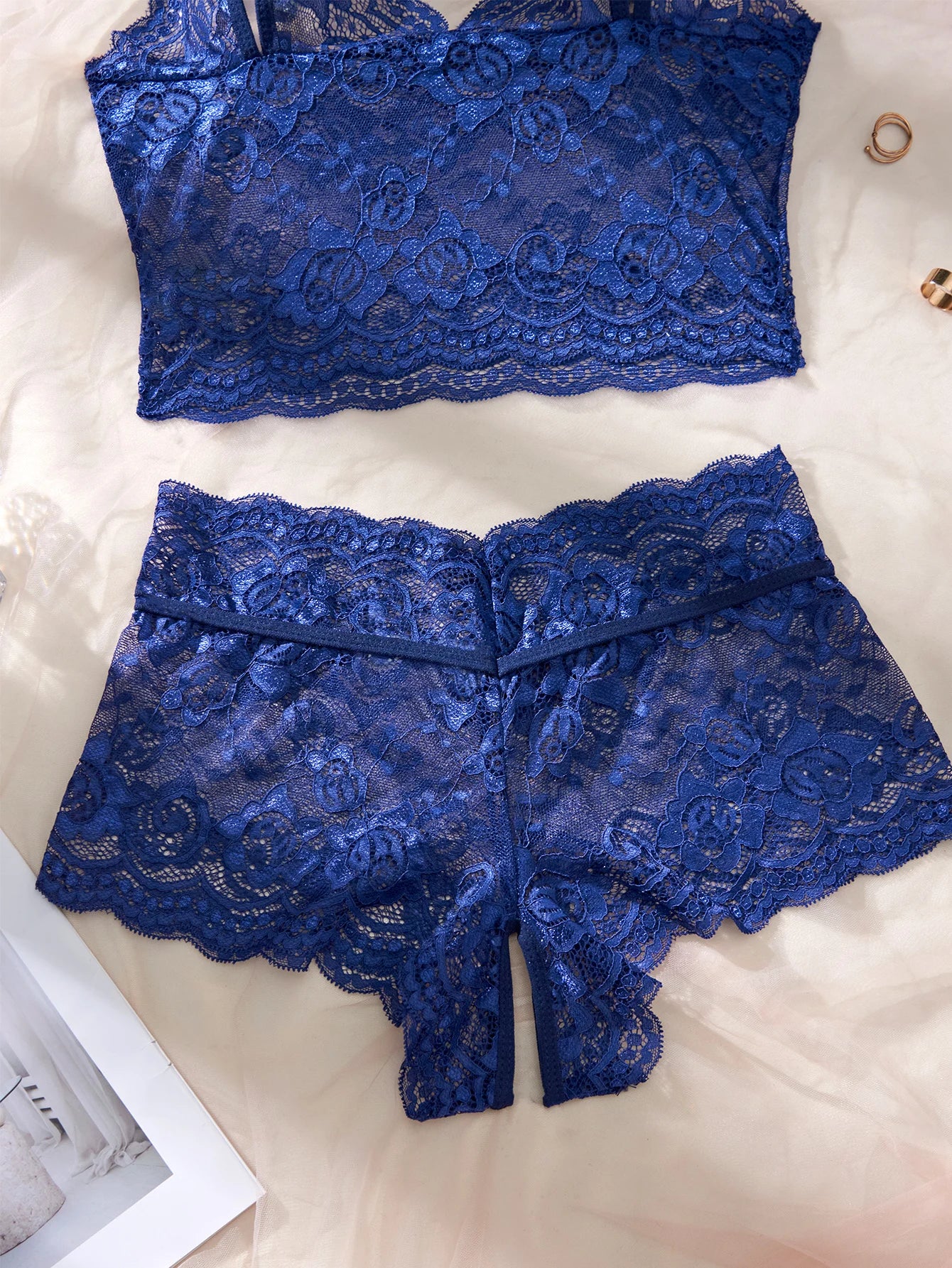 Women Black Open-Back Lace Two-Piece Panties Underwear Sleep Set